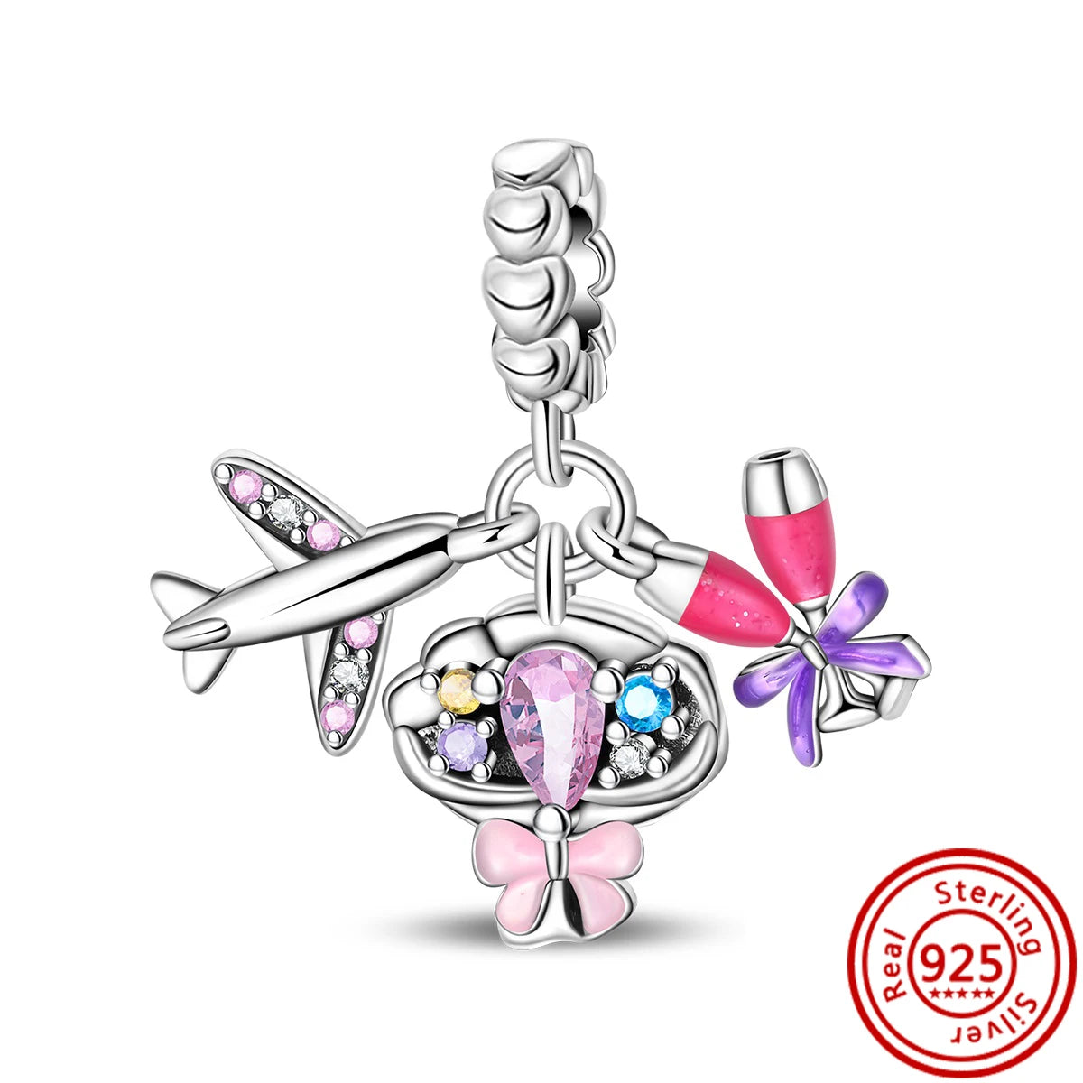 Charm Clip Plata 925 con Corazones, Corona y Concha | CZ Pavé Brillante | Compatible Pandora Original
