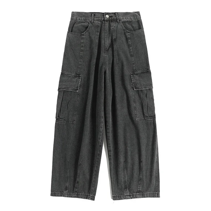 2025 Jeans Men's Oversize Cargo Korean Black Wide Pants Streetwear Hip Hop Harajuku Male Fashion Straight Denim Pants