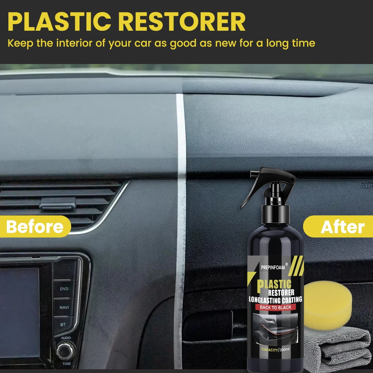 Renovador de Plásticos para Coche | Restaurador Negro Brillante y Protector de Plásticos & Cuero