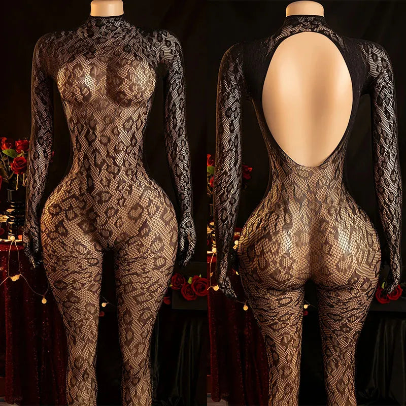 Body de Malla Mujer 2025 | Jumpsuit Sexy Backless de Manga Larga y Transparente
