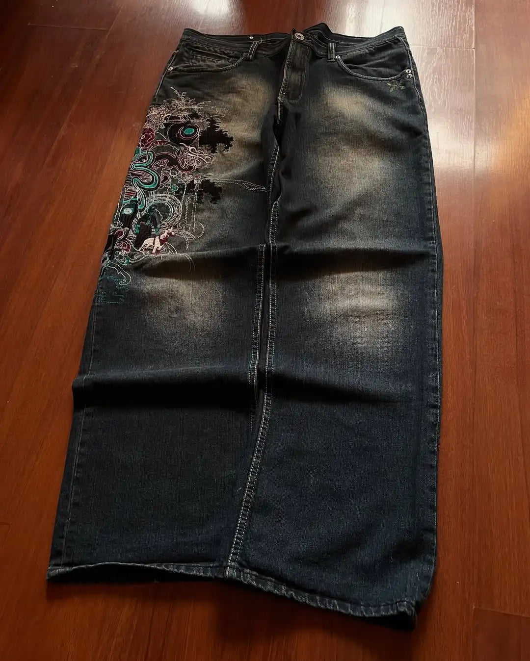 Jeans Retro Harajuku Talle Alto con Bordados – Pantalones Oversize Unisex Estilo Y2K Hip Hop Americano Street Rock Casual