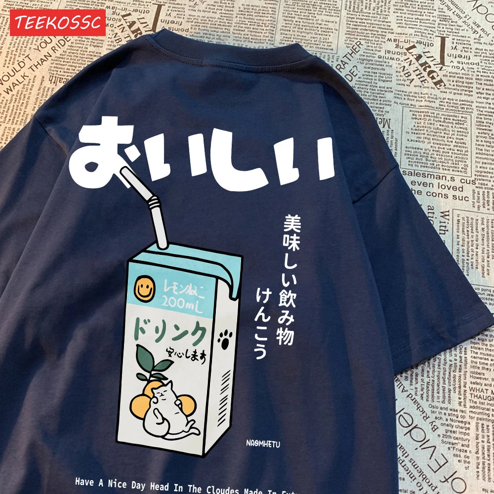Camiseta Oversize Unisex Algodón | Estampado Japonés Gatito Harajuku Casual Verano