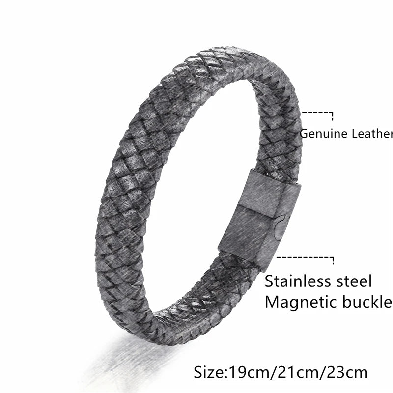 Pulsera de Cuero Genuino para Hombre – Joyería Clásica con Cierre Magnético de Acero Negro