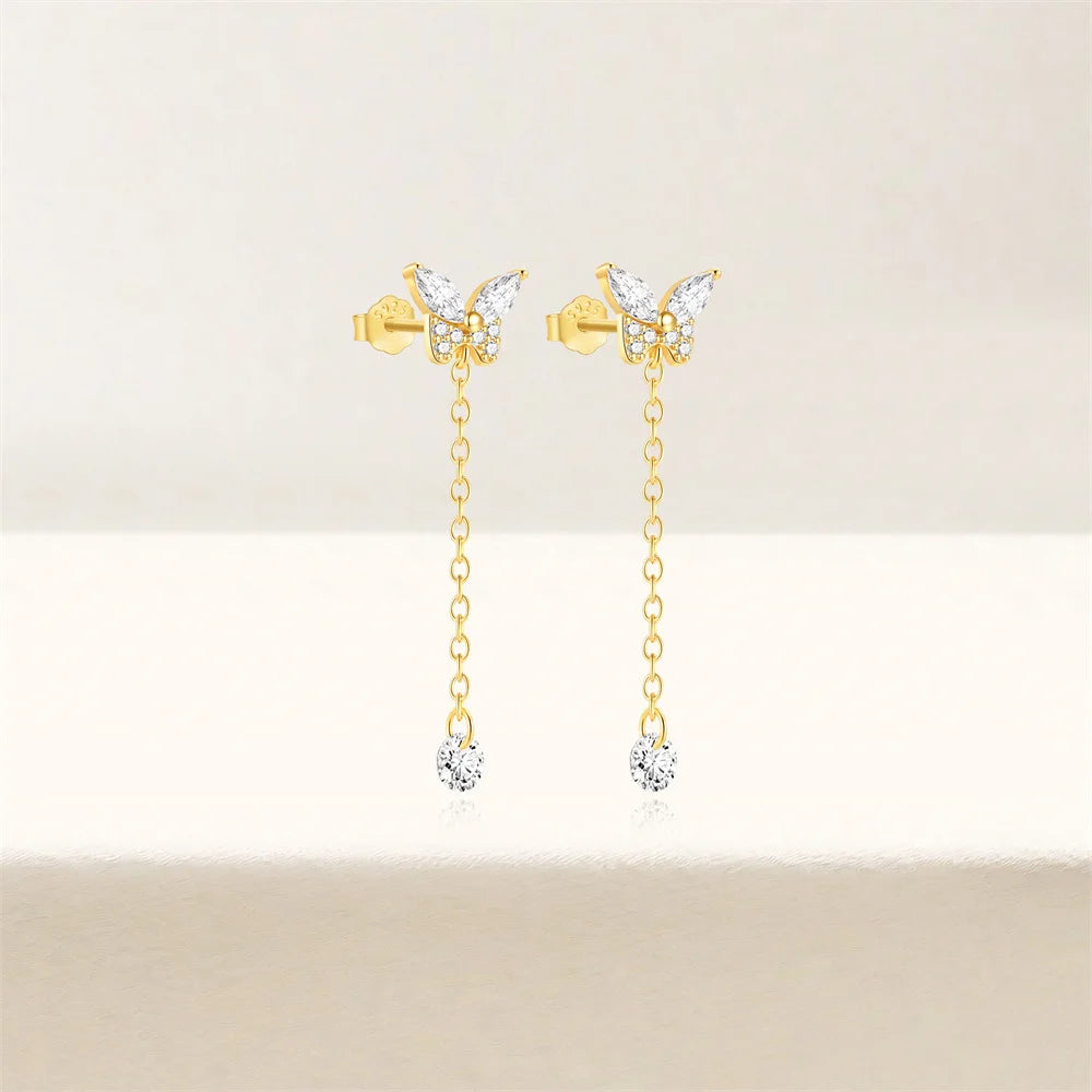 CANNER Aretes Mariposa con Borla Plata 925 | Baño Oro con Zirconia