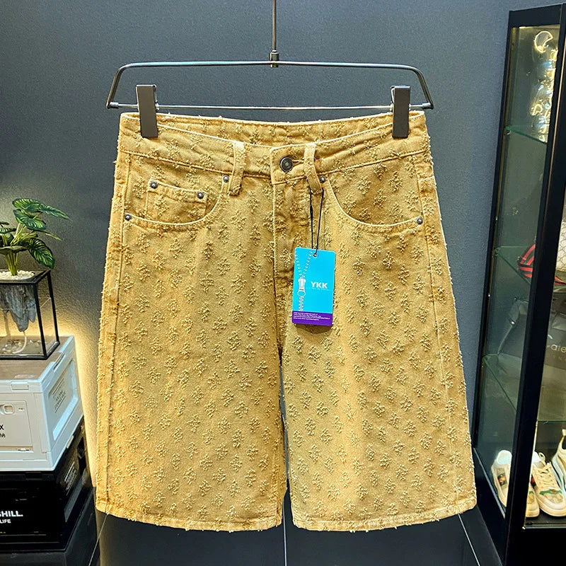 2025 new summer high-end denim shorts for men, loose straight leg oversized pants, retro embroidered five quarter pants