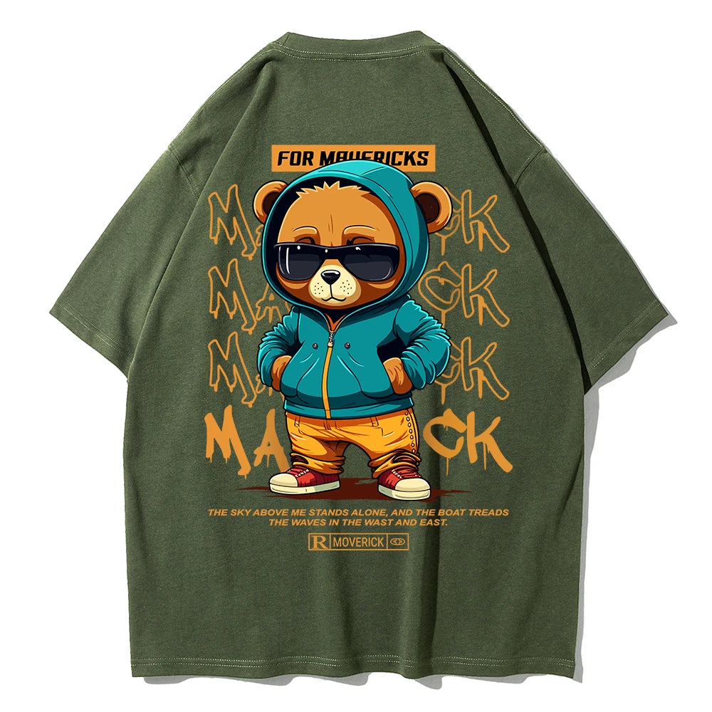 Camiseta de Algodón con Estampado de Oso – T-shirt Redonda Oversize Unisex Suelta, Transpirable y Casual