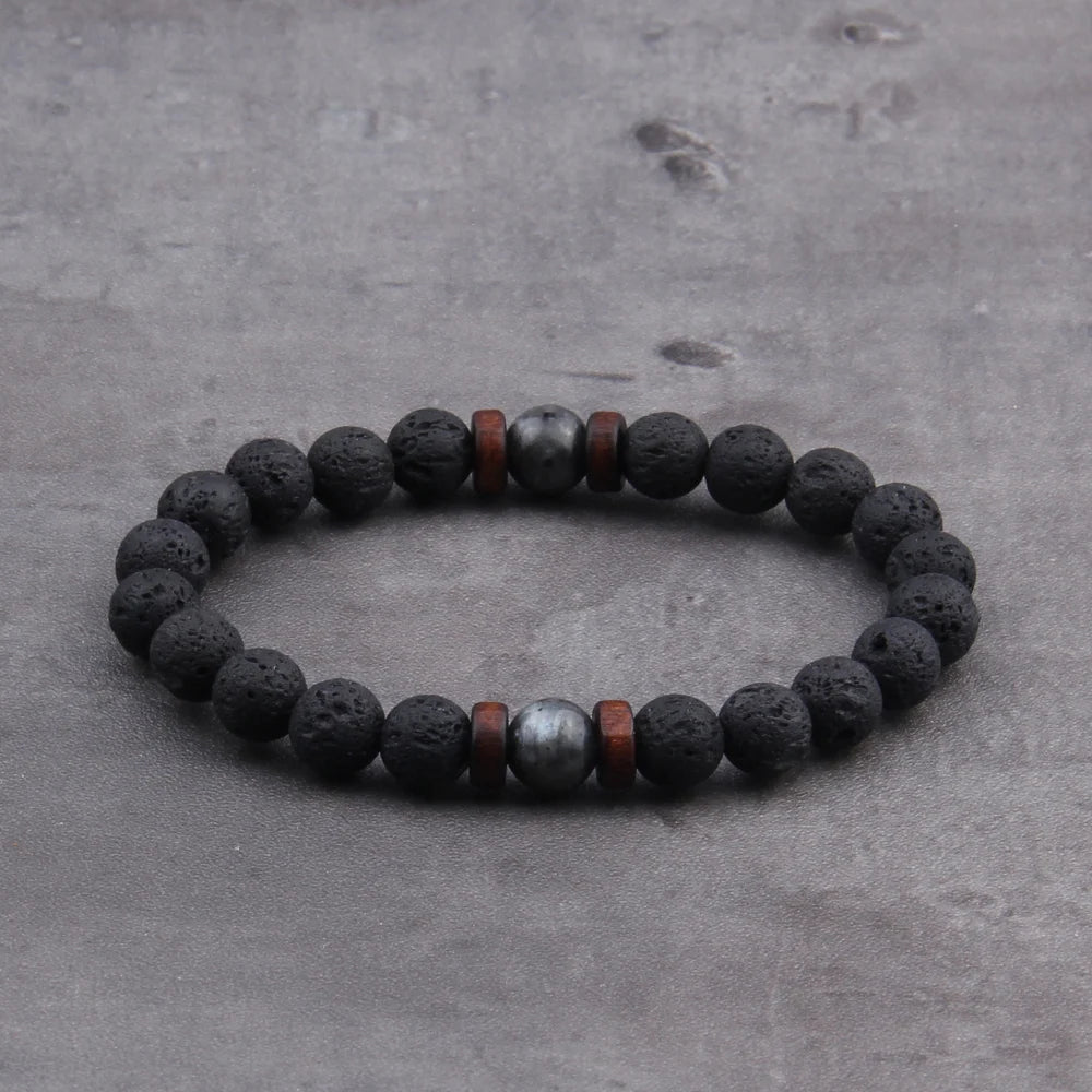 Pulsera de Piedra Volcánica y Madera – Estilo Tibetano con Cuentas, Unisex, Joyería de Energía y Equilibrio