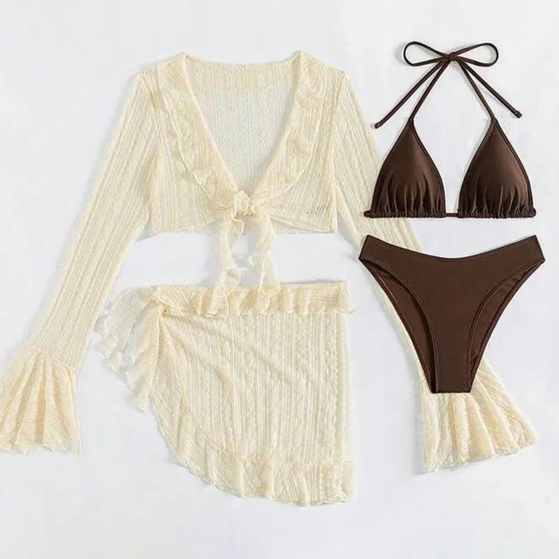 Bikini 4 Piezas Mujer 2025 | Traje de Baño Sexy con Cover Up Manga Larga Estilo Brasileño