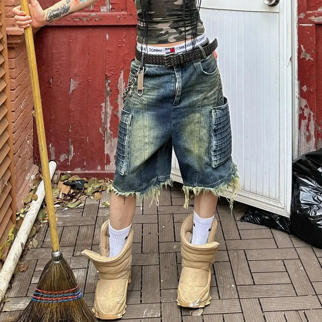 Pantalón Cropped Oversize Mujer | Jeans Rectos Retro Americanos con Bolsillos Grandes