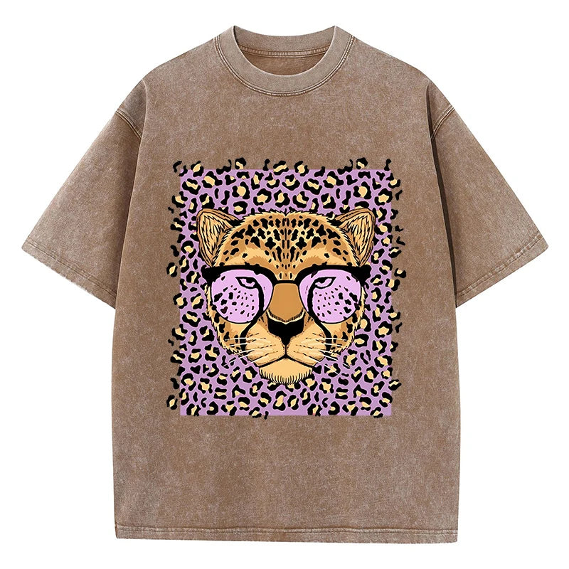 Camiseta Oversize Mujer Vintage | Algodón Lavado Ácido Estampado Leopardo Caricaturas