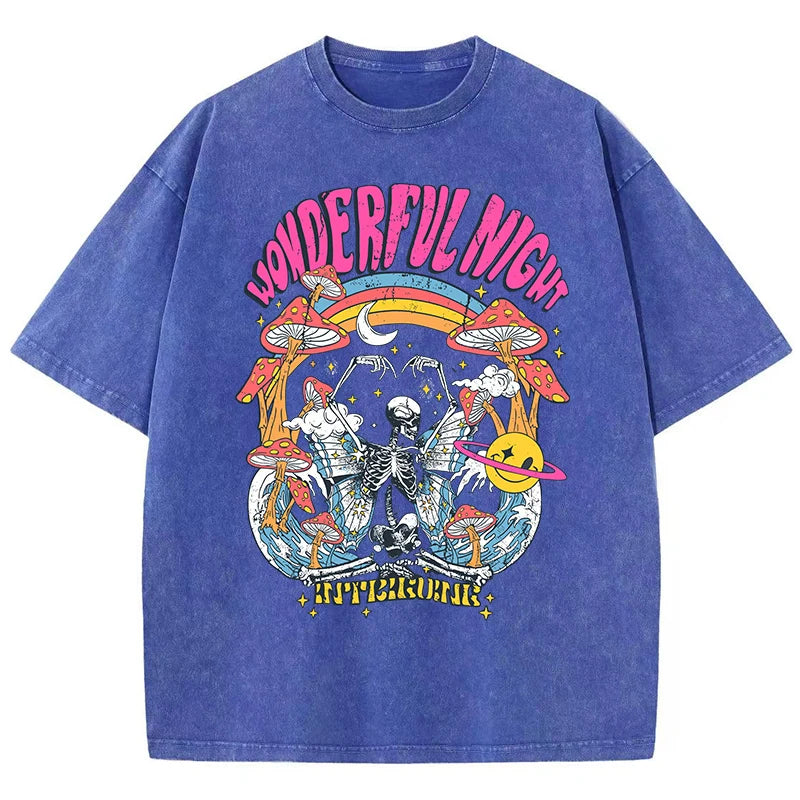 Camiseta Oversize Mujer Vintage | Estampado Esqueleto Mariposa Olas Streetwear