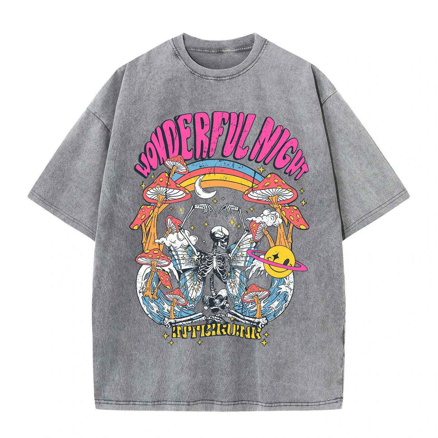 Camiseta Oversize Mujer Vintage | Estampado Esqueleto Mariposa Olas Streetwear