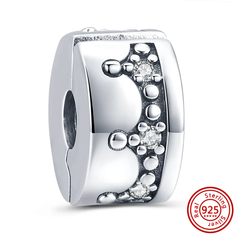 Charm Clip Plata 925 con Corazones, Corona y Concha | CZ Pavé Brillante | Compatible Pandora Original