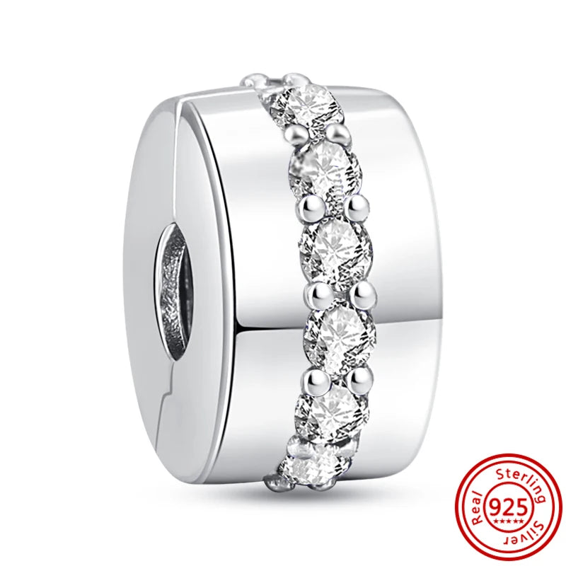 Charm Clip Plata 925 con Corazones, Corona y Concha | CZ Pavé Brillante | Compatible Pandora Original
