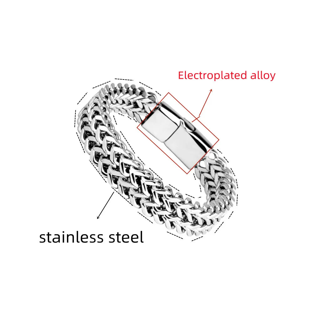 Pulsera de Acero Inoxidable Trenzado | Doble Fila Escamas de Pescado | Cierre Magnético de Aleación | Joyería Unisex Moderna