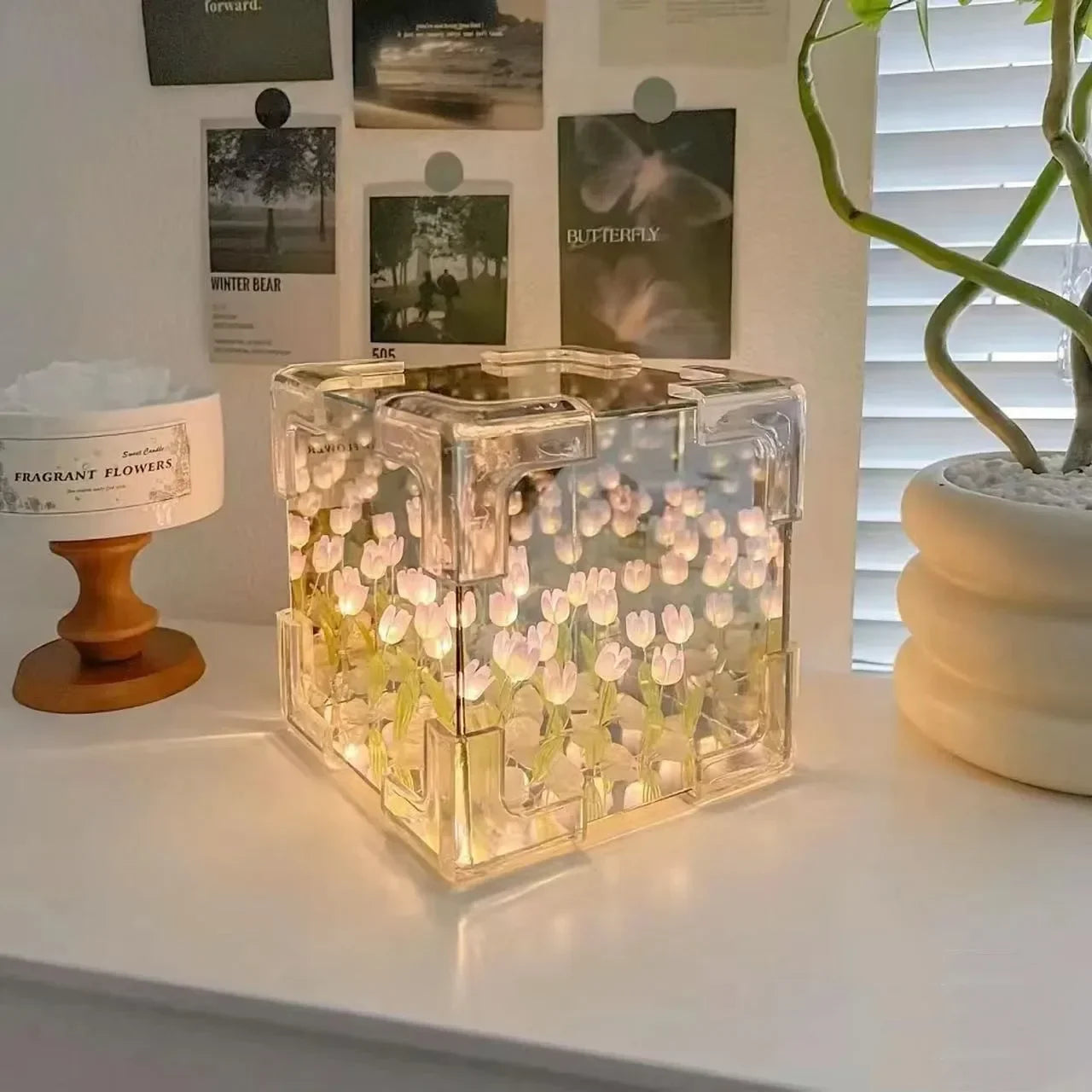 Lámpara cúbica DIY tulipán con espejo – Luz nocturna de mesa simulación flor para dormitorio