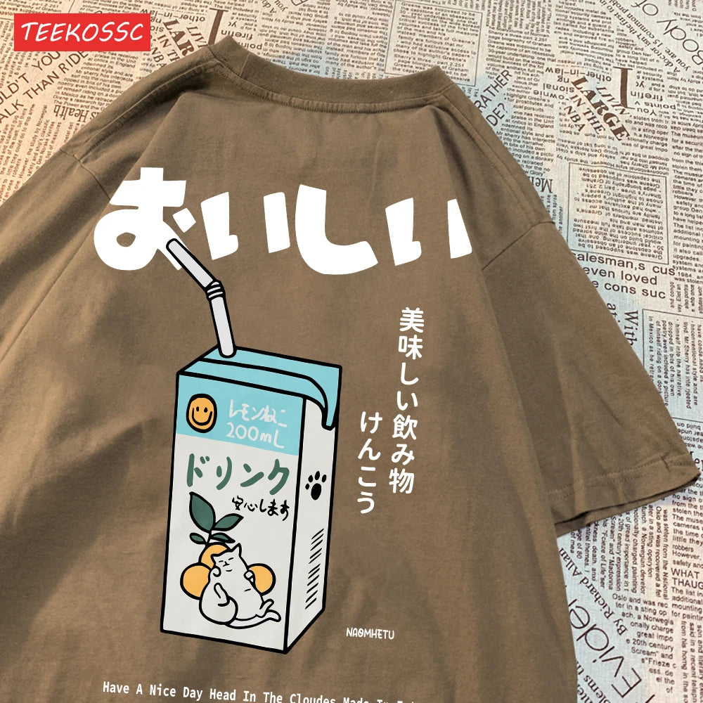 Camiseta Oversize Unisex Algodón | Estampado Japonés Gatito Harajuku Casual Verano