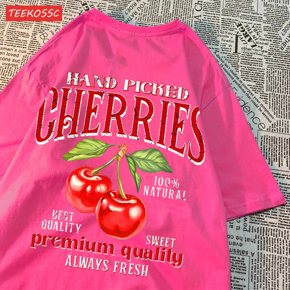 Camiseta Oversize Mujer Verano | Algodón Estampado Limones y Cerezas Casual