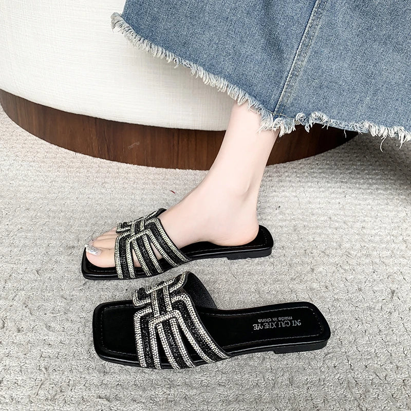 Sandalias Mujer 2025 | Slippers de Verano con Rhinestones y Tacón Plano