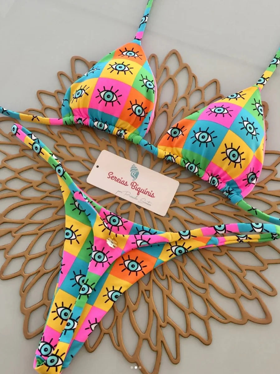 Bikini Retro Mujer 2025 | Micro Brasileño Estampado con Cordones Backless