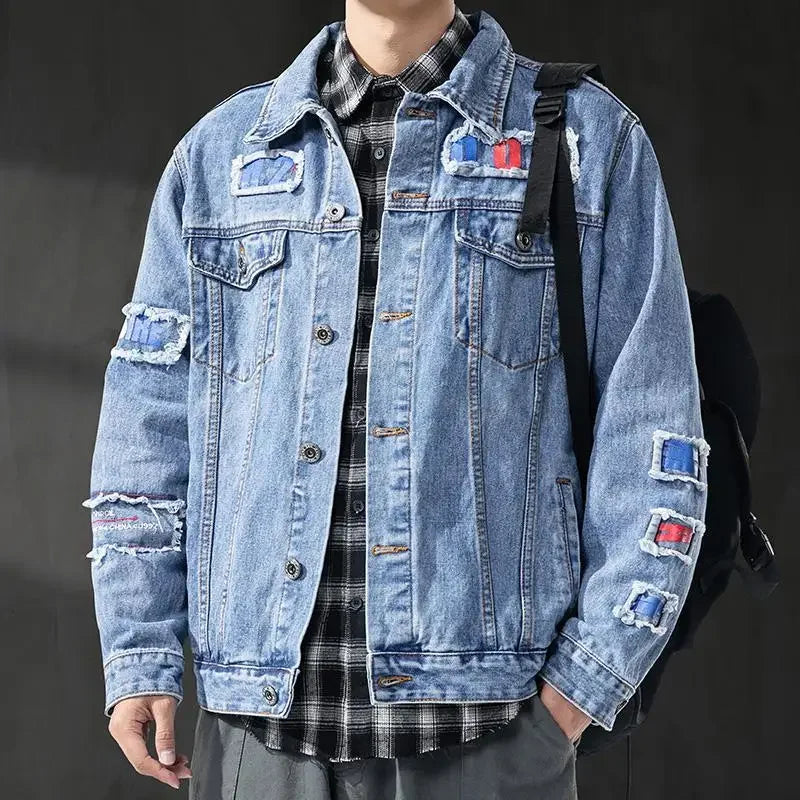 GELITAYIN Men's Denim Jacket Ripped Autumn With Hole Male Jean Coats Oversize Light Vintage Washed Elatic High Quality Low Price