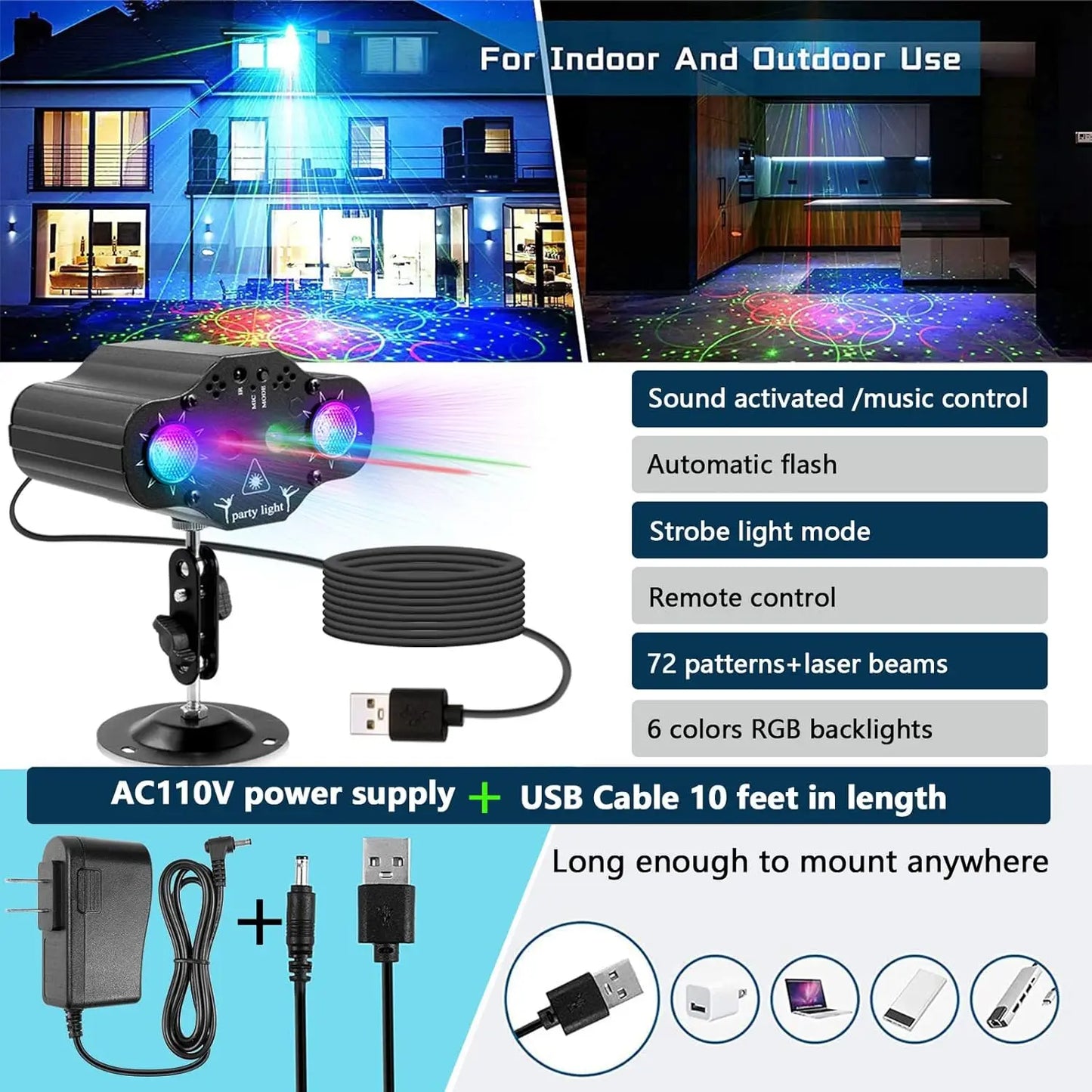 Luces de Fiesta DJ RGB Proyector Escenario Luz Estroboscópica con Control Remoto y Sonido Activado