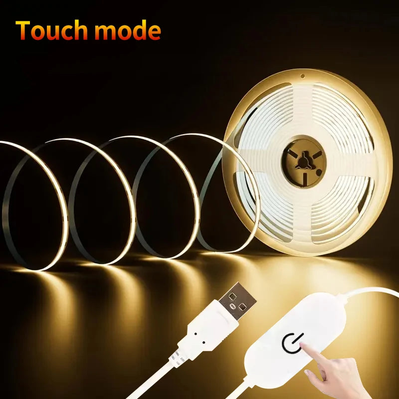 Tira LED COB USB 5V con Control Táctil – Luz Cálida o Blanca, 320 LEDs/m, Alto Brillo para TV, Espejos y Decoración