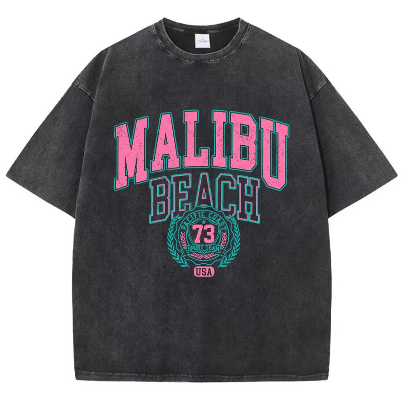 Camiseta Oversize Malibu Beach | T-Shirt Algodón Estampado Letras Estilo Lavado