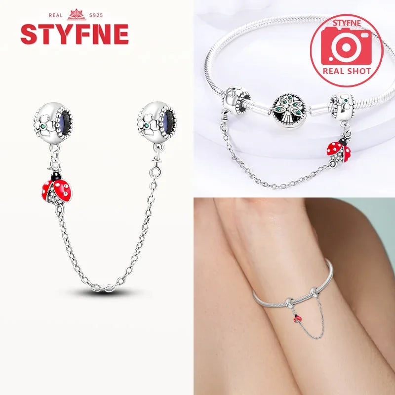 Charm Gato con Corazón de Plata 925 | Cadena de Seguridad para Pulseras Pandora Mujer