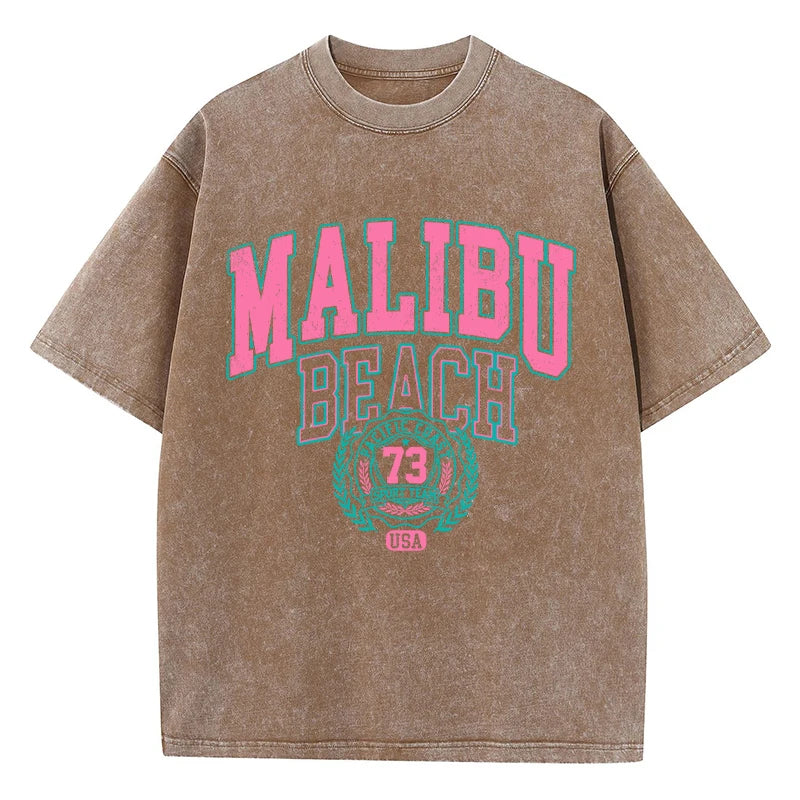 Camiseta Oversize Malibu Beach | T-Shirt Algodón Estampado Letras Estilo Lavado