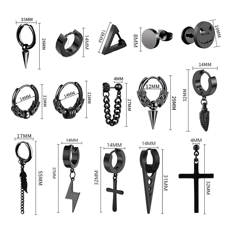 Aretes Punk de Acero Inoxidable Negro – 1 Par de Pendientes Unisex Estilo Hip Hop Vintage