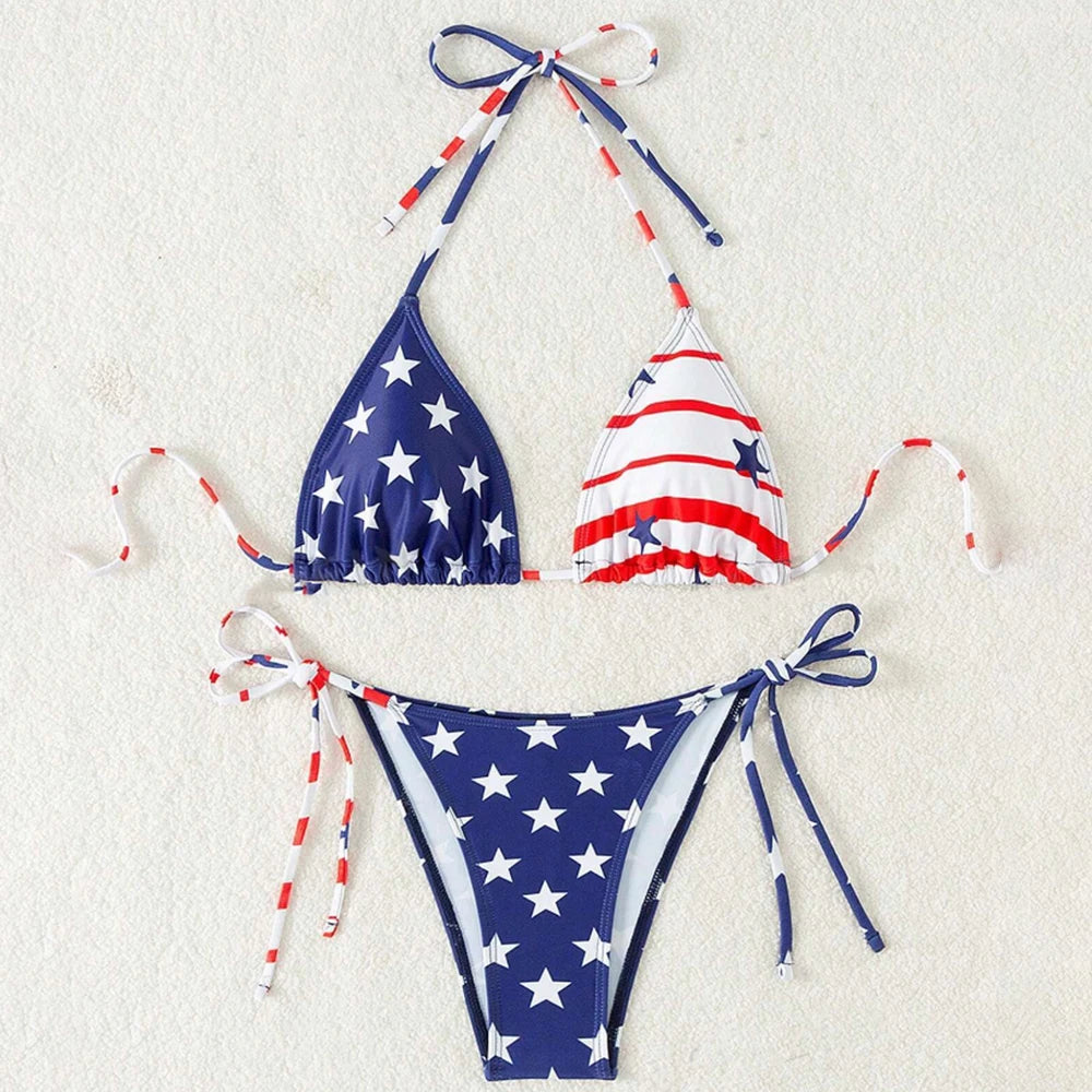Bikini Mujer 2025 | Conjunto Sexy Estampado Bandera USA de Cintura Baja