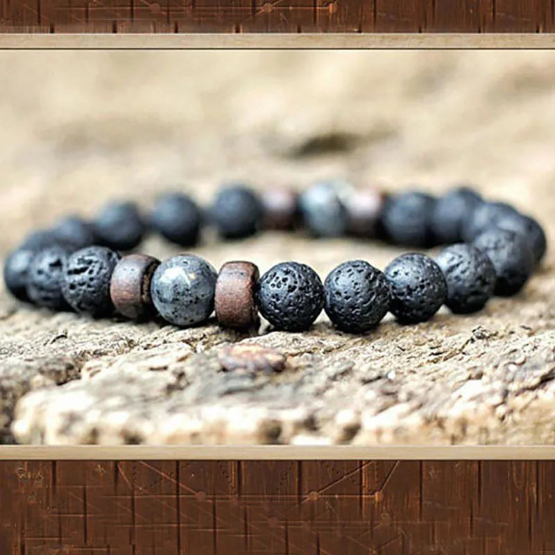 Pulsera de Piedra Volcánica de 8mm para Hombre – Lava y Madera con Buda Tibetano, Hecha a Mano, Elástica
