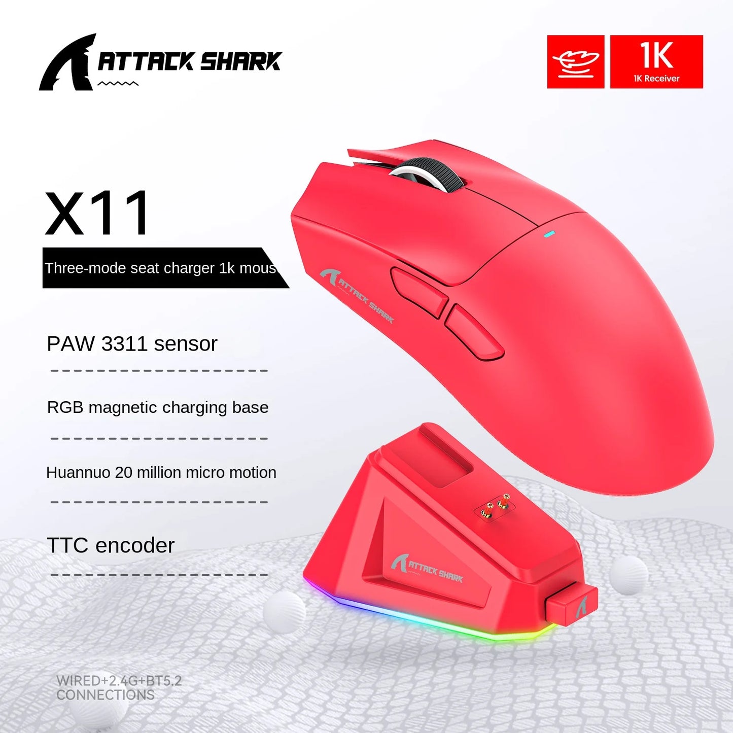 Attack Shark X11 Gaming Mouse – Tri-Mode (Bluetooth/2.4G/USB) con RGB, Dock de Carga Magnético y Sensor PAW3311