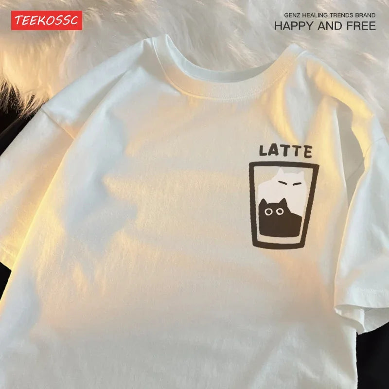 Camiseta Oversize Pareja | Estampado Café y Gatito Mocha Latte Unisex