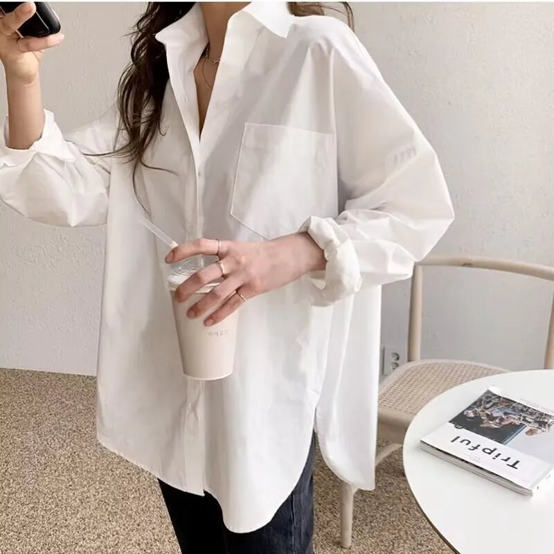 Blusa Mujer Elegante Oficina | Camisa Blanca Casual Algodón Manga Larga Cuello Camisero