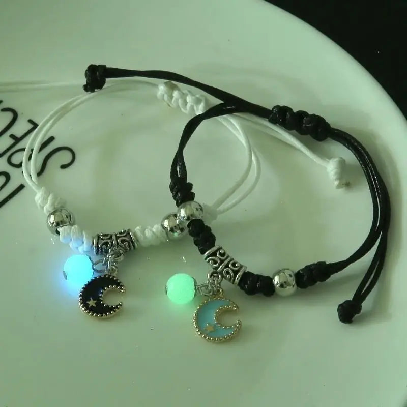 Set de 2 Pulseras Luminosas para Pareja – Cuentas Brillantes con Estrella, Gato, Flor, Corazón y Luna
