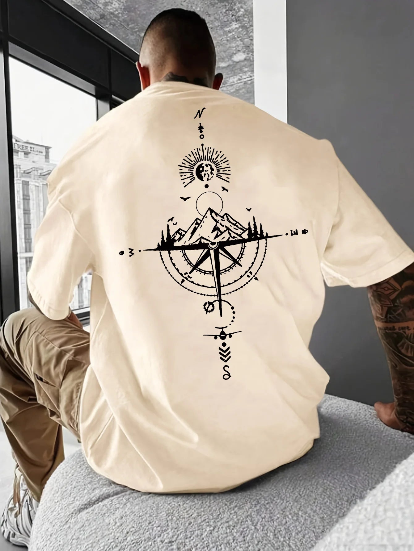 Camiseta Hombre Verano 100% Algodón | Casual Deportivo Oversized | Estampado Brújula Retro Manga Corta Cuello Redondo