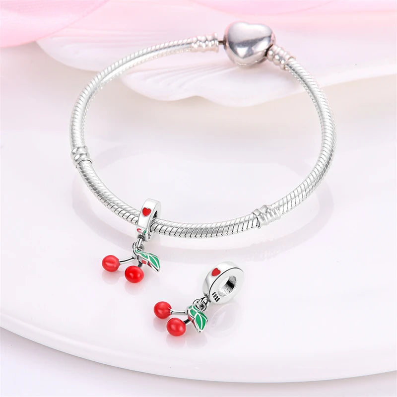 Charms de Plata 925 Frutas (Fresa, Cereza, Manzana y Aguacate) – Abalorios Coloridos para Pulseras Originales
