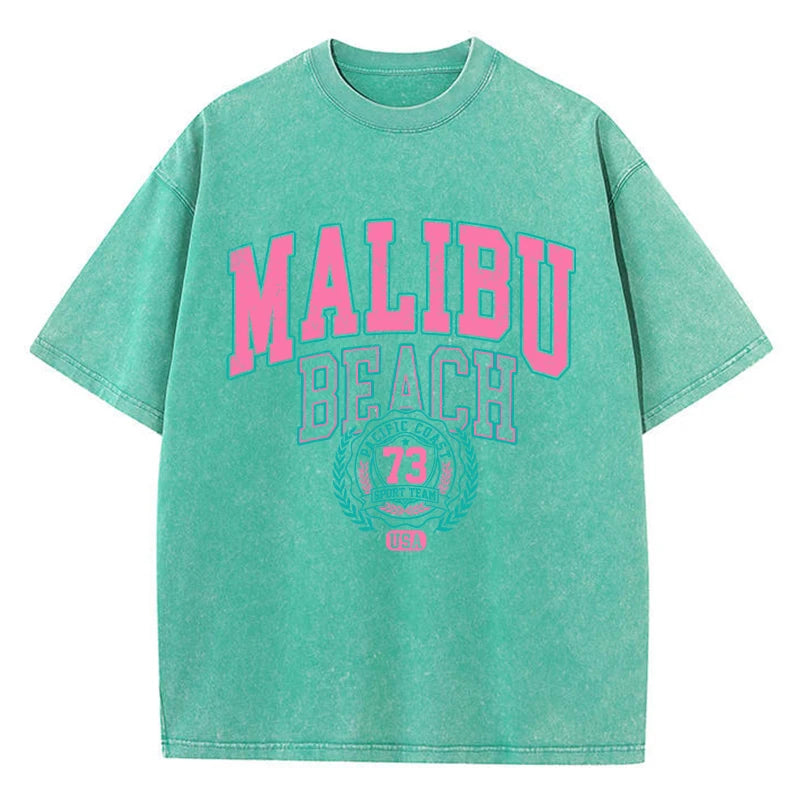 Camiseta Oversize Malibu Beach | T-Shirt Algodón Estampado Letras Estilo Lavado