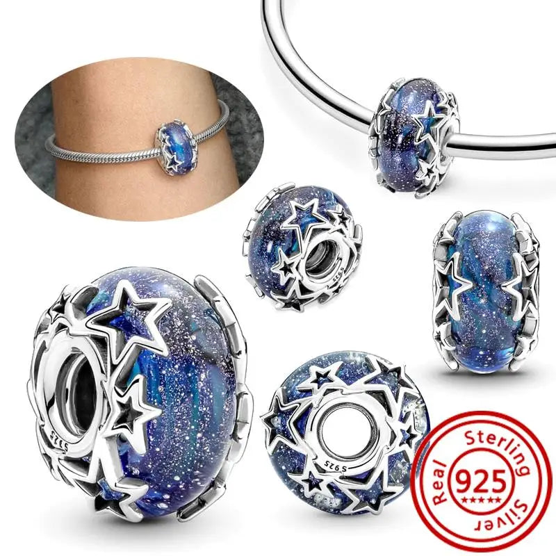 925 Silver Blue Starry Sky Galaxy Planet Stars Moon Astronaut Rocket Shiny Beads Fit Original Charm Bracelet DIY Jewelry