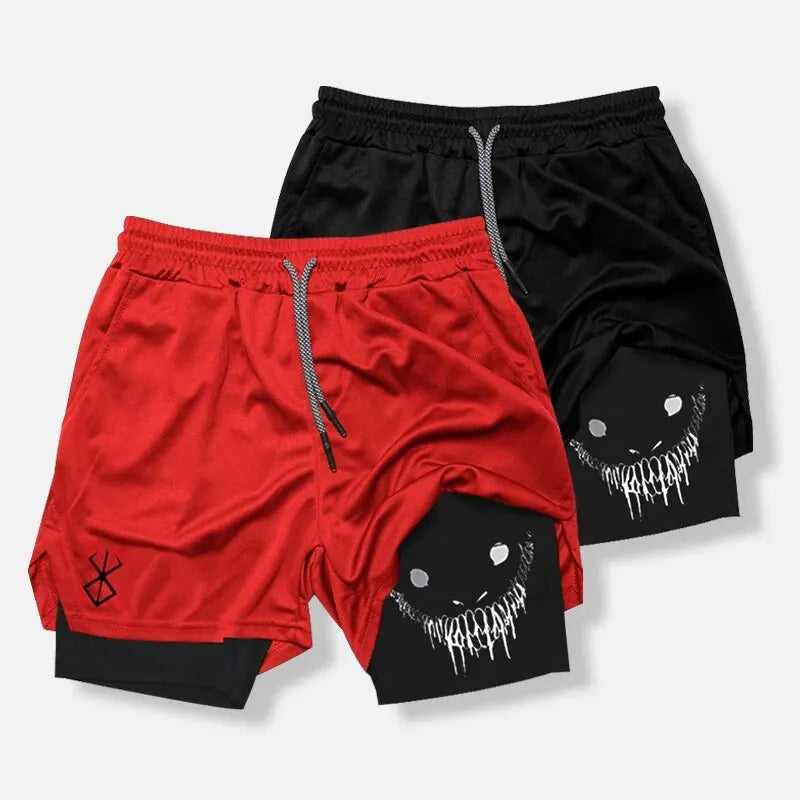 Shorts Deportivos de Verano para Hombre – Fitness, Gym y Jogging, 2 en 1, Estampado Demonio, Secado Rápido y Outdoor Sports