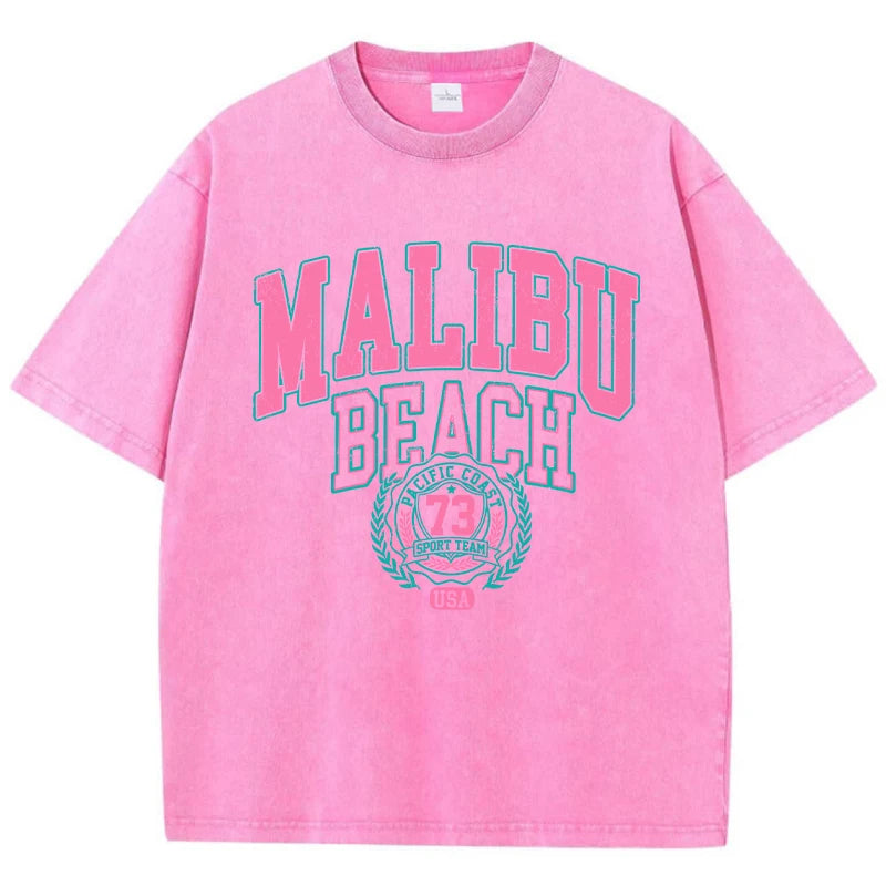 Camiseta Oversize Malibu Beach | T-Shirt Algodón Estampado Letras Estilo Lavado