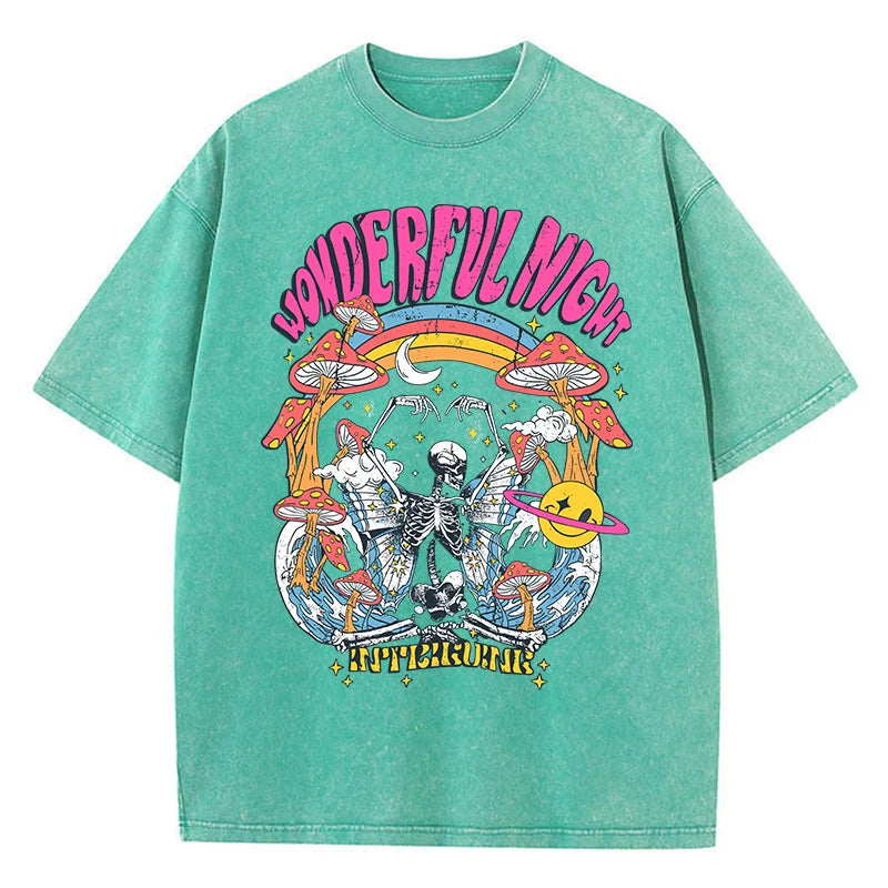Camiseta Oversize Mujer Vintage | Estampado Esqueleto Mariposa Olas Streetwear