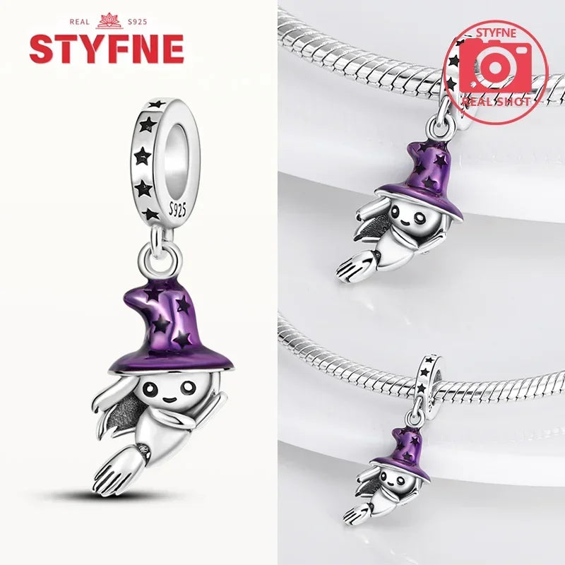 Charm Colgante de Halloween Plata 925 | Bruja Mágica con Efecto Luminoso para Pulsera Original