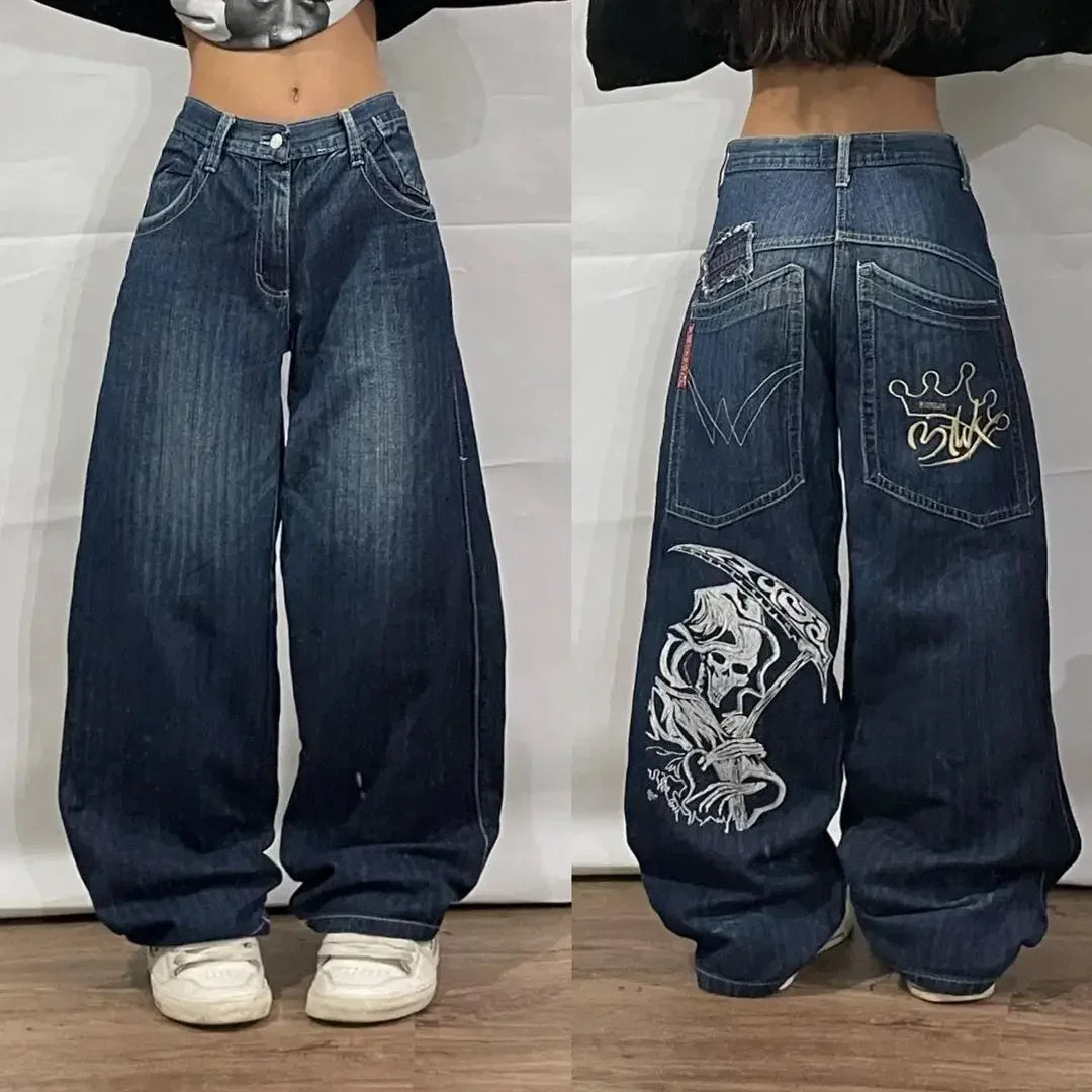 Jeans Streetwear de Cintura Alta para Hombre – Pantalones Oversize Y2K Retro Harajuku con Bordados Estilo Hip Hop Gótico