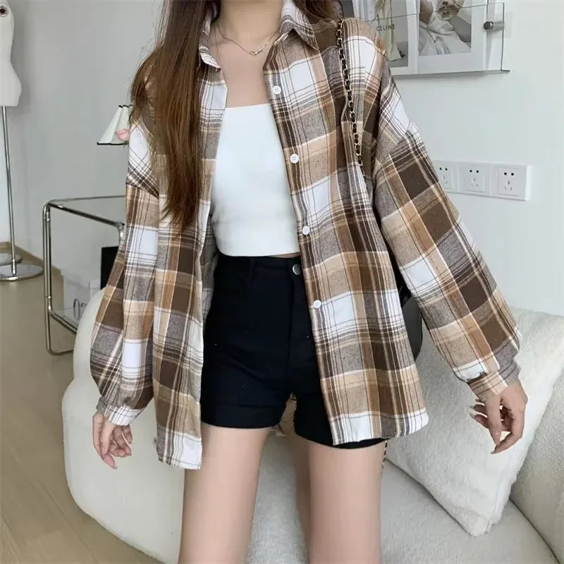 Camisa de Cuadros Mujer | Blusa Vintage Manga Larga Suelta Estilo Preppy Otoño