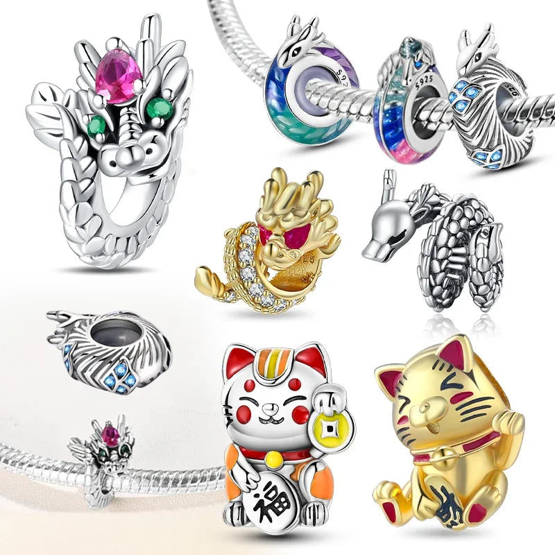 Charm dragón chino y gato de la suerte en plata 925 – Abalorios clásicos para pulsera tipo Pandora, joyería DIY para mujer