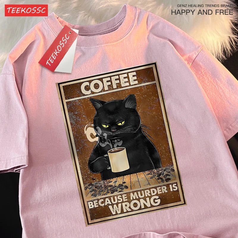 Camiseta Oversize “Because Murder Is Wrong” – T-shirt Black Cat, Algodón Transpirable, Streetwear Unisex, Manga Corta