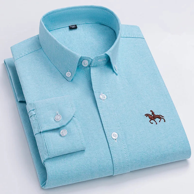 Camisa Hombre 2024 | Oxford de Algodón con Bordado de Caballo y Manga Larga Oversize
